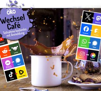 Wechselcafé - Kaffeebecher mit spritzendem Kaffee, Symbole von Internetdiensten.