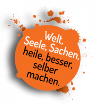 Welt, Seele, Sachen, heile, besser, selber machen Button Orange FarbSplash